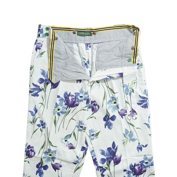 Mens 34 Gurkha Pants White Blue Floral Cotton Flat Front Straight Fit Trousers - Picture 4 of 8